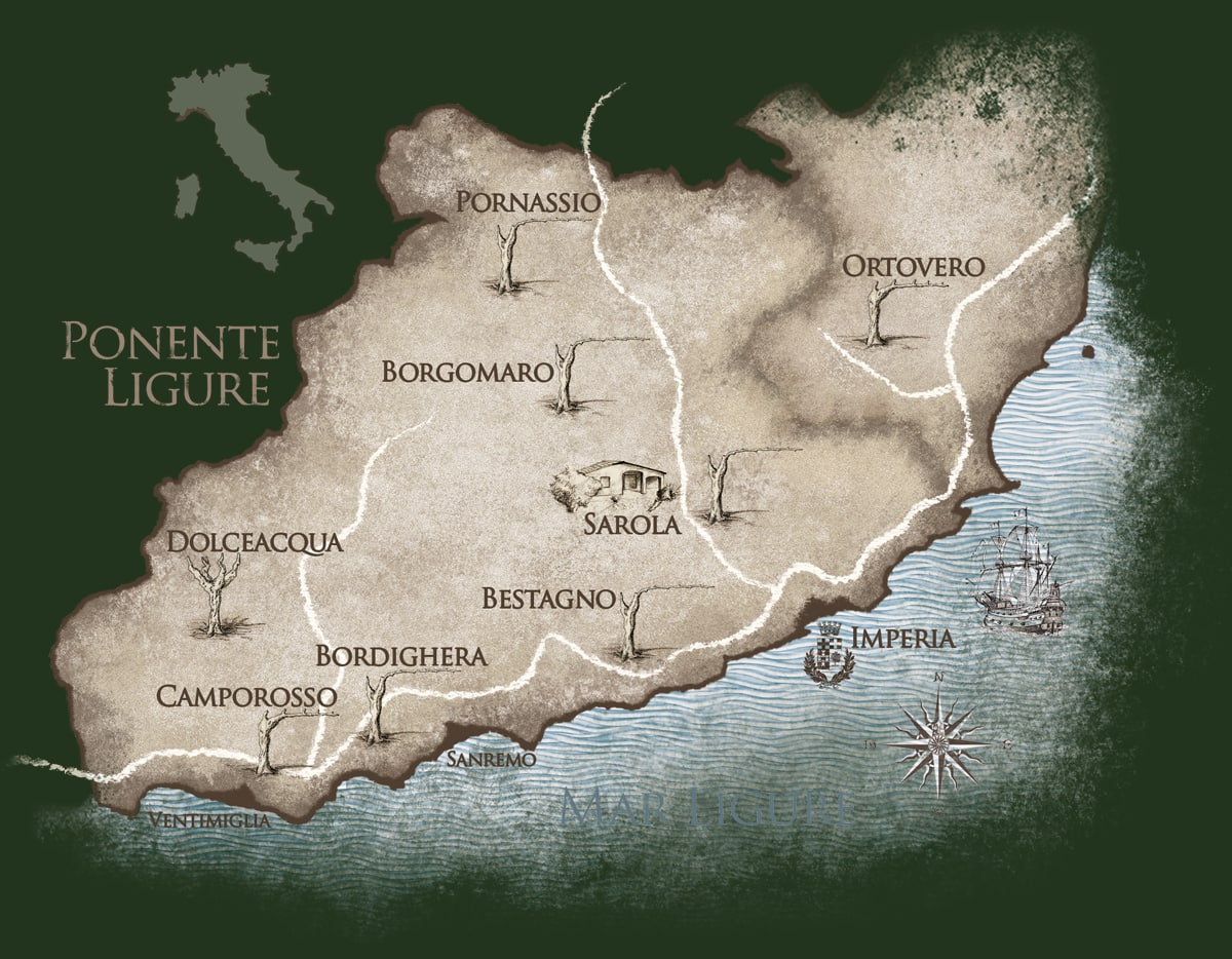 Mappa illustrata del Ponente Ligure con Sarola, Imperia e le valli del vino